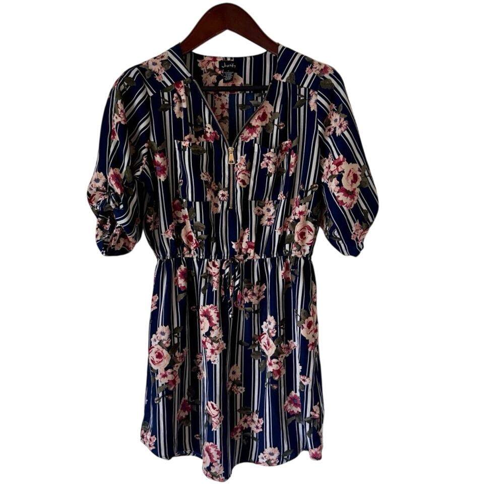 Justify Women’s Large Navy Floral Stripe Zip Front Tie Waist Dress